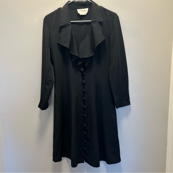 Vintage VI. petites black dress button down ruffled collar - Picture 1 of 9
